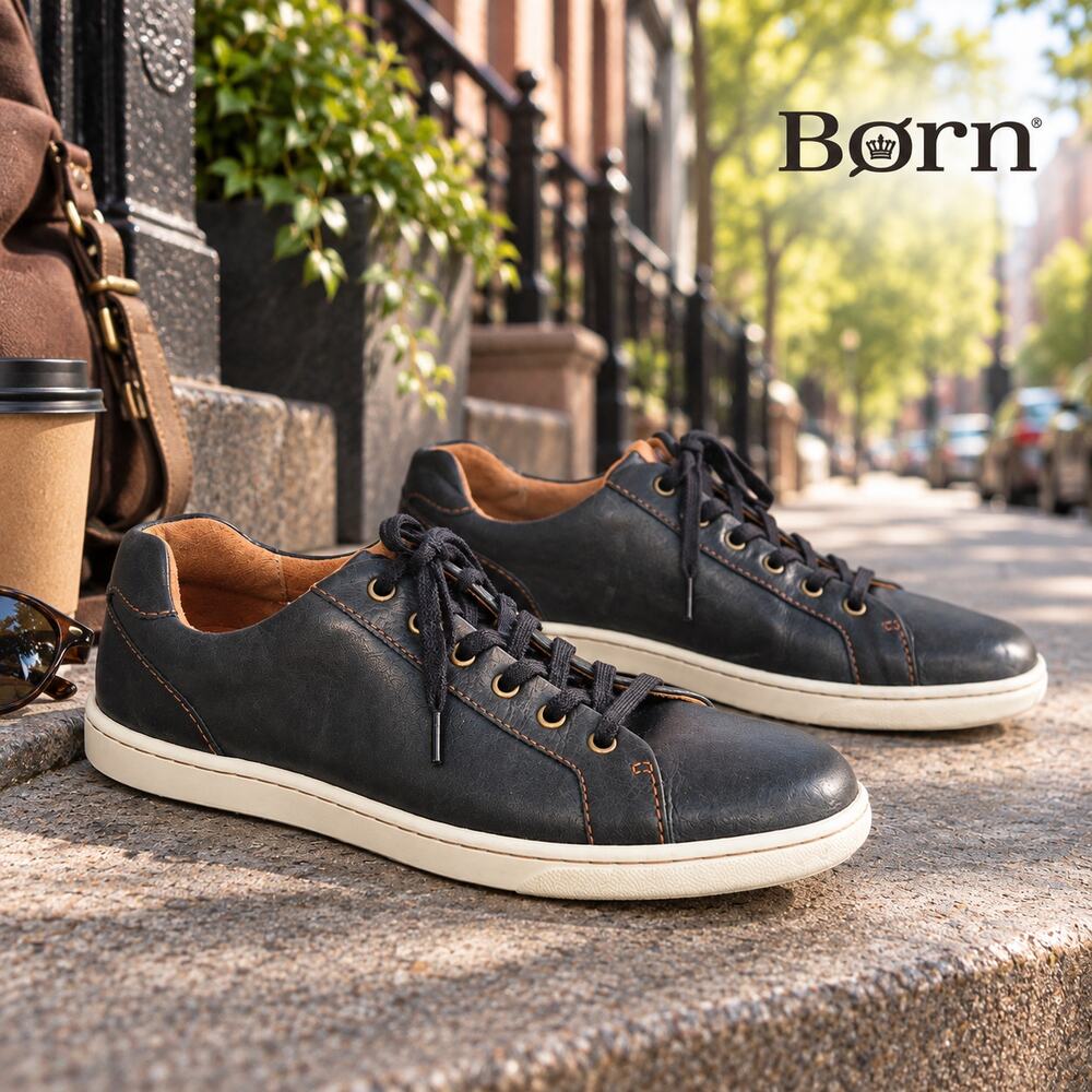Born Allegheny Black Leather Fashion Sneaker Size 8M Low Top Preppy Academia